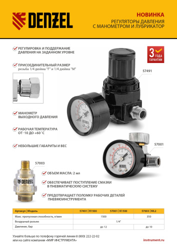 Регулятор давления с манометром R1500, 12 бар, 1/4" Denzel по ценам производителя в Воронеже с доставкой по всей России