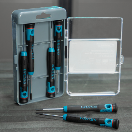 Набор отверток для точной механики, CrMo, двухкомпонентные рукоятки, 6 шт, пластиковый бокс Gross по ценам производителя в Воронеже с доставкой по всей России