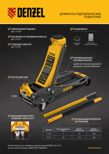 Домкрат гидравлический подкатной, 3 т, 75-500 мм, быстрый подъем, низкий подхват, проф. Denzel по ценам производителя в Воронеже с доставкой по всей России
