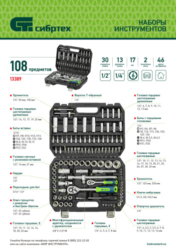 Набор инструментов, 1/2", 1/4", 108 предметов// Сибртех по ценам производителя в Воронеже с доставкой по всей России