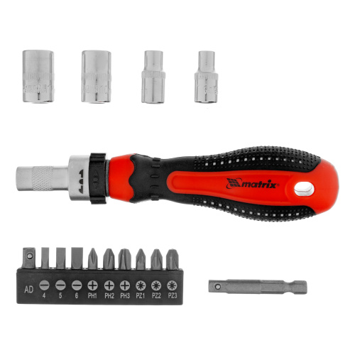 Отвертка реверсивная с набором бит и насадок торцевых, CrV, 1/4, 16 шт Matrix по ценам производителя в Воронеже с доставкой по всей России