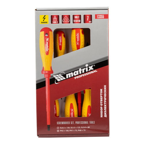 Набор диэлектрических отверток 7 шт, до 1000 В, пробник электрический до 250 В, двухкомпонентные рукоятки Matrix Professional по ценам производителя в Воронеже с доставкой по всей России