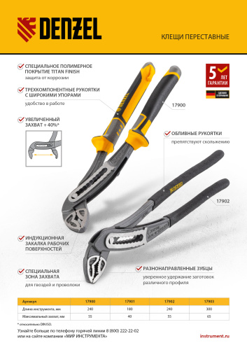 Клещи переставные, обливные рукоятки, 180 мм Denzel по ценам производителя в Воронеже с доставкой по всей России