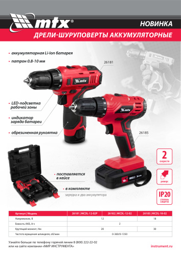 Дрель-шуруповерт аккумуляторная MCDL-18-02, Li-Ion, 18 В, 2 акк. MTX по ценам производителя в Воронеже с доставкой по всей России