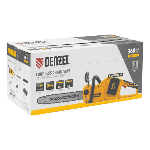 Цепная пила аккумуляторная бесщеточная RCS400-36, Li-ion, 36 В, 4 Ач, шина 400 мм Denzel по ценам производителя в Воронеже с доставкой по всей России