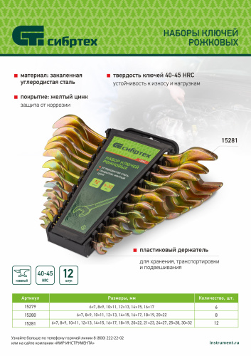 Набор ключей рожковых 6-17 мм, 6 шт, желтый цинк Сибртех по ценам производителя в Воронеже с доставкой по всей России