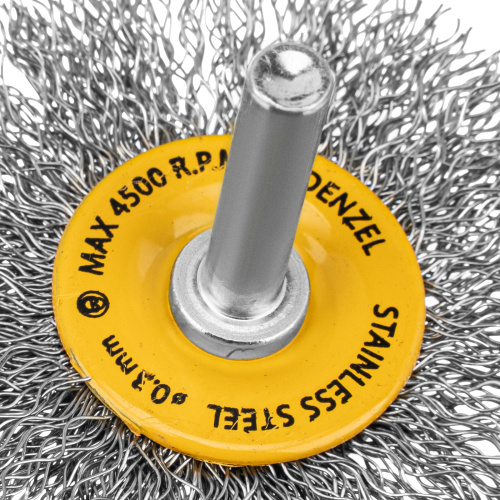 Щетка для дрели, 60 мм, Плоская, со шпилькой, нержавеющая витая проволока Denzel по ценам производителя в Воронеже с доставкой по всей России