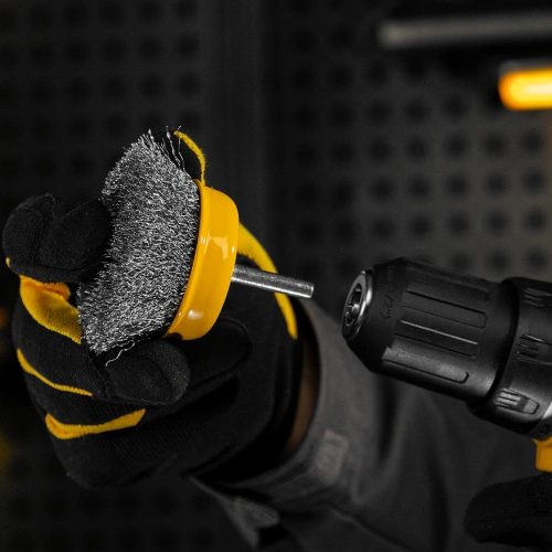 Щетка для дрели, 75 мм, Чашка, со шпилькой, нержавеющая витая проволока Denzel по ценам производителя в Воронеже с доставкой по всей России