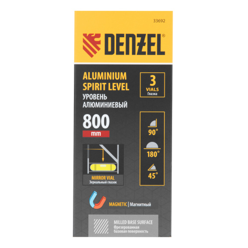 Уровень алюминиевый, магнит, фрезерованный, 3 глазка (1 зеркал.) 0,5 мм/м, 800 мм Denzel по ценам производителя в Воронеже с доставкой по всей России