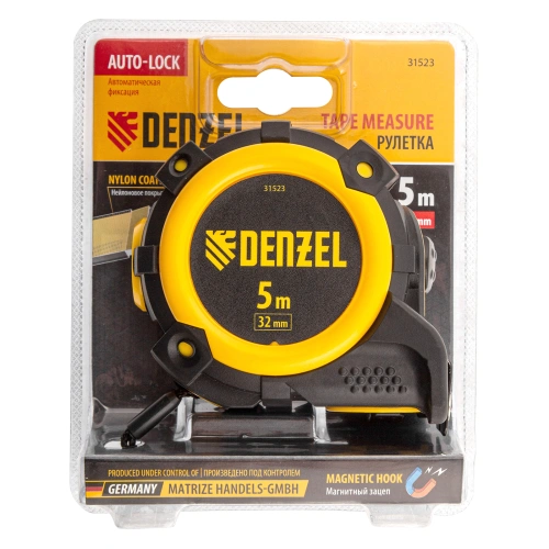Рулетка 5м х 32мм, автоматич. фиксац., нейлон. покрытие, магнит. зацеп, двухстор. разметка Denzel по ценам производителя в Воронеже с доставкой по всей России