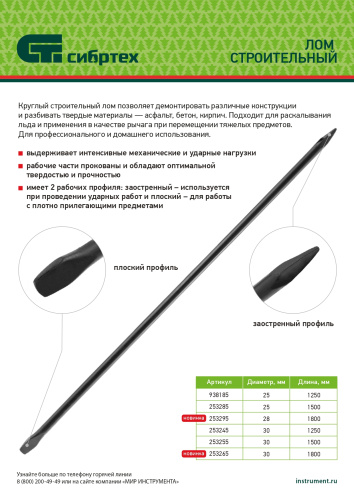 Лом строительный, D 25 мм, L 1250 мм, круглый Сибртех по ценам производителя в Воронеже с доставкой по всей России