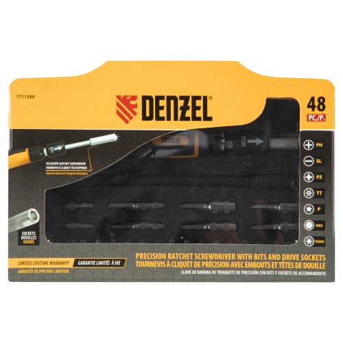 Отвертка с набором бит и торцевых головок для точных работ, гибкий привод, 48 шт, CrMo Denzel по ценам производителя в Воронеже с доставкой по всей России