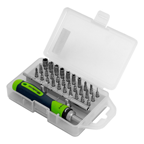 Отвертка реверсивная для точных работ с набором бит и торцевых головок, 32 предмета, CrV Сибртех по ценам производителя в Воронеже с доставкой по всей России