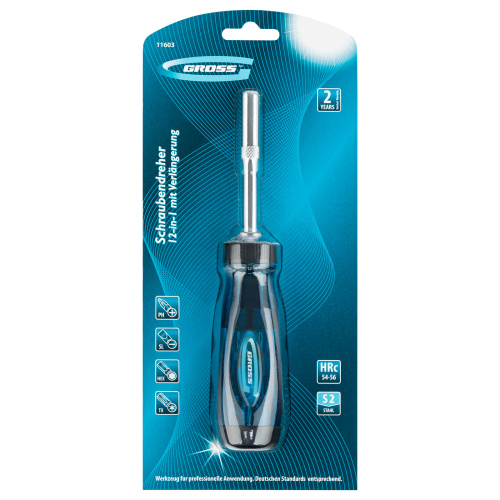 Отвертка реверсивная с удлинителем, трещотка 72 зуба, 12 шт, сталь S2 Gross по ценам производителя в Воронеже с доставкой по всей России