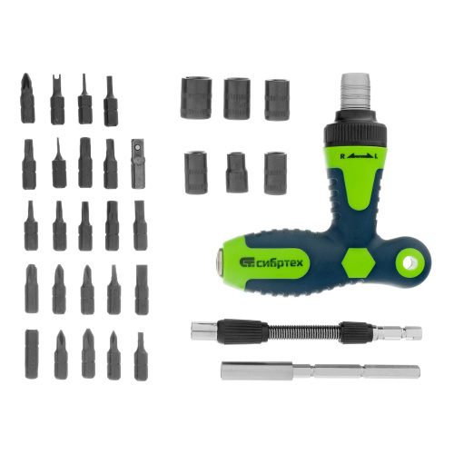 Отвертка Т-образная реверсивная с набором бит, торцевых головок, 33 предмета, CrV Сибртех по ценам производителя в Воронеже с доставкой по всей России