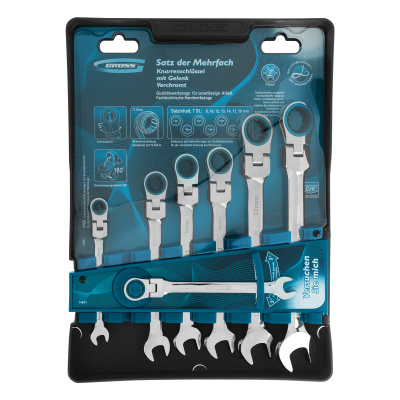 Набор ключей комбинированных с трещоткой, 8-19 мм, 7 шт, шарнирные, CrV Gross по ценам производителя в Воронеже с доставкой по всей России