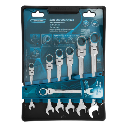 Набор ключей комбинированных с трещоткой, 8-19 мм, 7 шт, шарнирные, CrV Gross по ценам производителя в Воронеже с доставкой по всей России