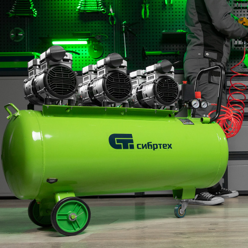Компрессор безмаслянный малошумный МБ 2250/100, 2250 Вт, 100л, 400 л/мин Сибртех по ценам производителя в Воронеже с доставкой по всей России
