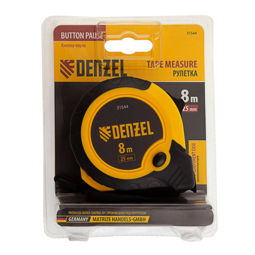 Рулетка 8м х 25мм, двухкомп. корпус, кнопка-пауза Denzel по ценам производителя в Воронеже с доставкой по всей России