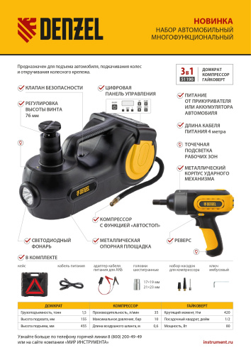 Домкрат электрогидравлический «3 в 1» (1,5 т), 12В, с гайковертом электрическим, в наборе  Denzel по ценам производителя в Воронеже с доставкой по всей России