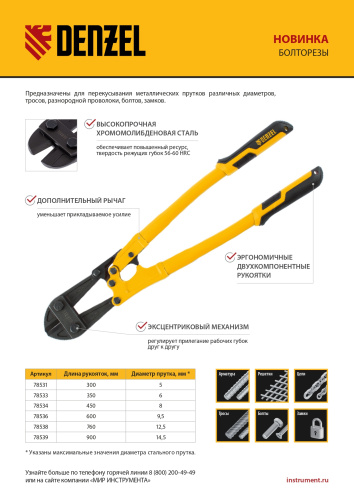 Болторез 450 мм 18", Cr-Mo Denzel по ценам производителя в Воронеже с доставкой по всей России