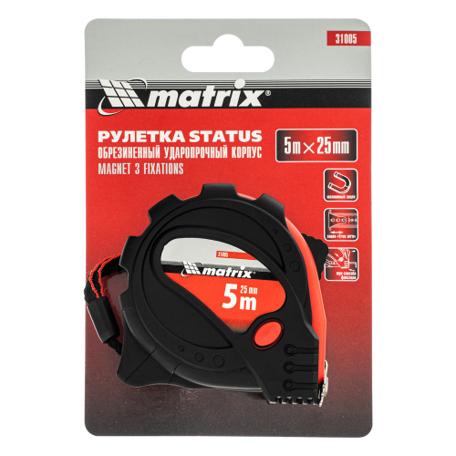 Рулетка Status Magnet 3 fixations,5 м х 25 мм,обрезиненный корпус,зацеп с магнитом Matrix по ценам производителя в Воронеже с доставкой по всей России