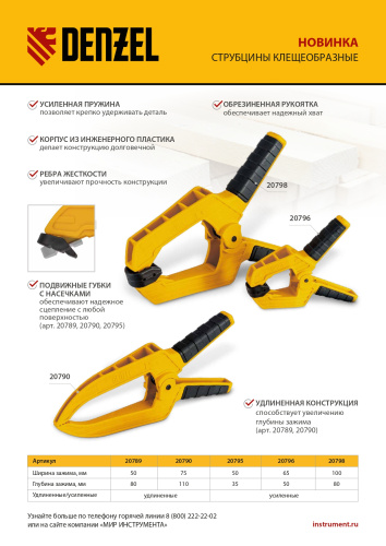 Струбцина клещеобразная, удлиненная 75 х 110 мм двухкомпонентные рукоятки Denzel по ценам производителя в Воронеже с доставкой по всей России