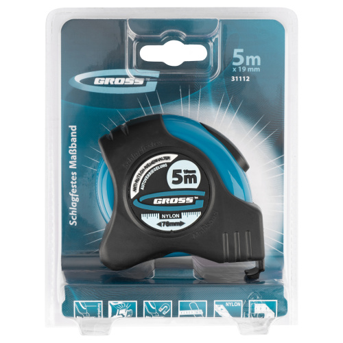 Рулетка "Schlagfest",5 м x 19 мм,магнитный обрезиненный зацеп,двусторонняя шкала,Нейлоновое покрытие,автоматическая фиксация Gross по ценам производителя в Воронеже с доставкой по всей России