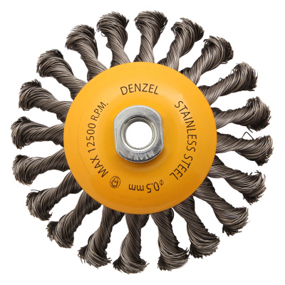 Щетка для УШМ, 125 мм, "Тарелка", крученая нержавеющая проволока 0.5 мм, М14 Denzel по ценам производителя в Воронеже с доставкой по всей России