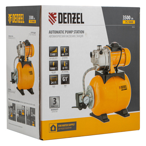 Насосная станция PS1000Х, 1000 Вт, 3500 л/ч, ресивер 24 л, подъем 44 м, нержавейка Denzel по ценам производителя в Воронеже с доставкой по всей России