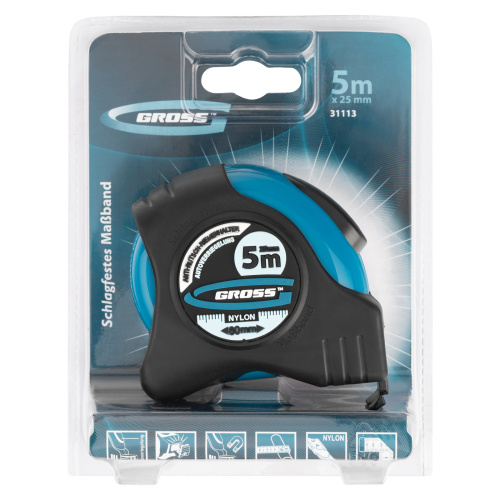 Рулетка "Schlagfest",5 м x 25 мм,магнитный обрезиненный зацеп,двусторонняя шкала,Нейлоновое покрытие,автоматическая фиксация Gross по ценам производителя в Воронеже с доставкой по всей России