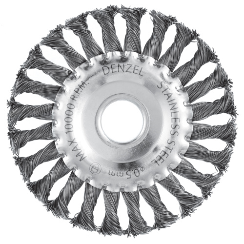 Щетка для УШМ, 125 мм, "Плоская", крученая нержавеющая проволока 0.5 мм, посадка 22.2 мм Denzel по ценам производителя в Воронеже с доставкой по всей России