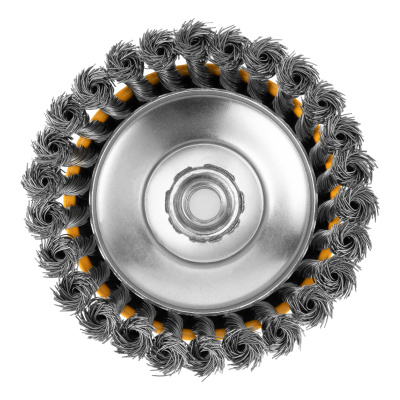 Щетка для УШМ, 125 мм, "Чашка", крученая нержавеющая проволока 0.5 мм, М14 Denzel по ценам производителя в Воронеже с доставкой по всей России