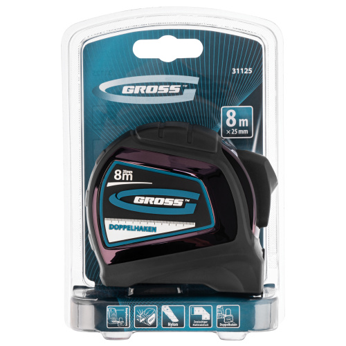 Рулетка "Doppelhaken",8 м x 25 мм,двухсторонний зацеп,Нейлон,двусторонняя шкала,автоматическая фиксация Gross по ценам производителя в Воронеже с доставкой по всей России