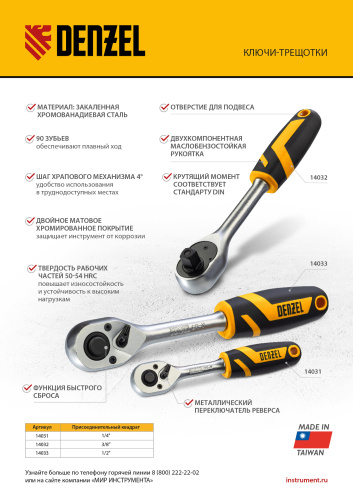 Ключ-трещотка 1/2", 90 зубьев, с быстрым сбросом, CrV Denzel по ценам производителя в Воронеже с доставкой по всей России