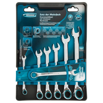 Набор ключей комбинированных с трещоткой, 8-19 мм, 7 шт, реверсивные, CrV Gross по ценам производителя в Воронеже с доставкой по всей России