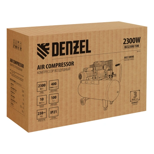 Компрессор воздушный BCI2300/100, ременный привод, 2.3 кВт, 100 литров, 400 л/мин Denzel по ценам производителя в Воронеже с доставкой по всей России