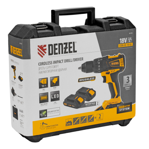 Дрель-шуруповерт аккумуляторная ударная бесщет CIDB-IB-18-02, Li-Ion, 18 В, 2 акк. Denzel по ценам производителя в Воронеже с доставкой по всей России