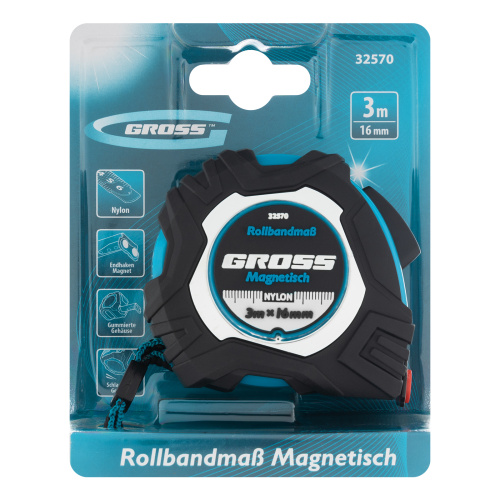 Рулетка Magnetisch 3 м х 16 мм,обрезиненный корпус,автоматическая фиксация,Нейлоновое покрытиеытие,зацеп с магнитом Gross по ценам производителя в Воронеже с доставкой по всей России