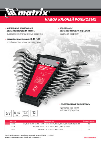 Набор ключей рожковых, 6 х 32 мм, 12 шт., CrV, хромированные Matrix по ценам производителя в Воронеже с доставкой по всей России