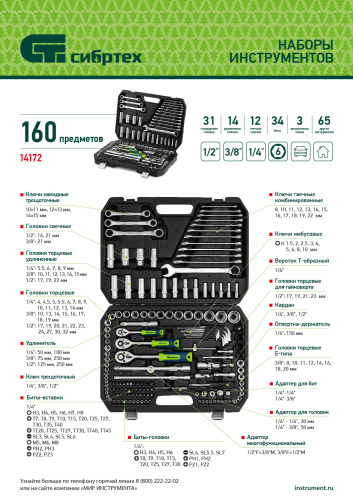 Набор инструментов, 1/2", 3/8", 1/4", пластиковый кейс 160 предм. Сибртех по ценам производителя в Воронеже с доставкой по всей России