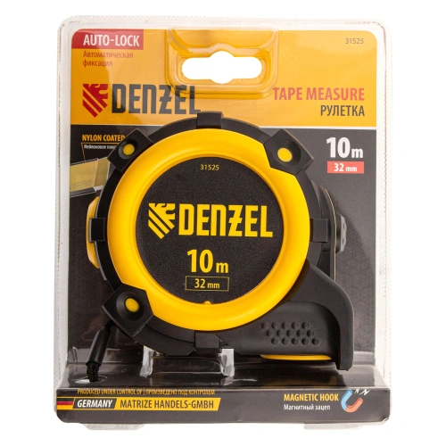 Рулетка 10м х 32мм, автоматич. фиксац., нейлон. покрытие, магнит. зацеп, двухстор. разметка Denzel по ценам производителя в Воронеже с доставкой по всей России