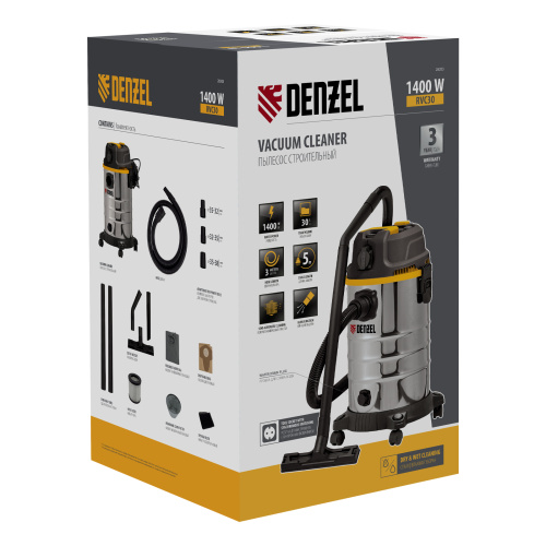 Пылесос строительный RVC30, 1400 Вт, бак 30 л, шланг 3 м, розетка с автосинхр. Denzel по ценам производителя в Воронеже с доставкой по всей России
