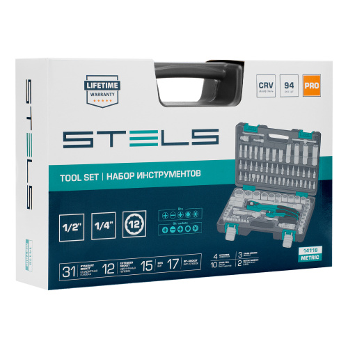 Набор инструментов 1/2", 1/4", CrV, 12 гранные головки, пластиковый кейс, 94 предмета Stels по ценам производителя в Воронеже с доставкой по всей России