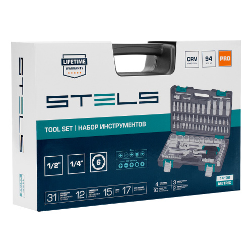 Набор инструментов, 1/2", 1/4", CrV, пластиковый кейс 94 предмета Stels по ценам производителя в Воронеже с доставкой по всей России