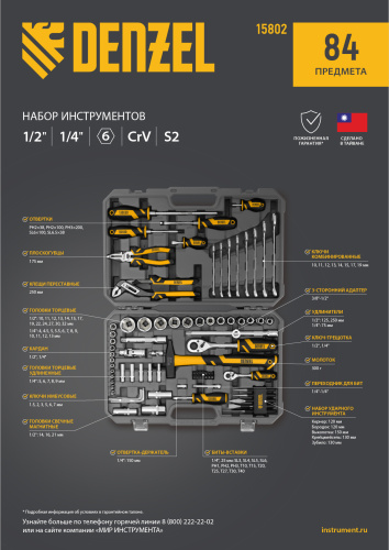 Набор инструментов, 1/2", 1/4", CrV, S2, пластиковый кейс, 84 предмета Denzel по ценам производителя в Воронеже с доставкой по всей России