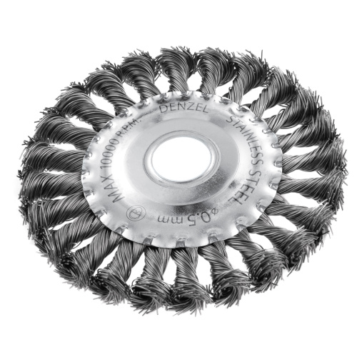 Щетка для УШМ, 125 мм, "Плоская", крученая нержавеющая проволока 0.5 мм, посадка 22.2 мм Denzel по ценам производителя в Воронеже с доставкой по всей России