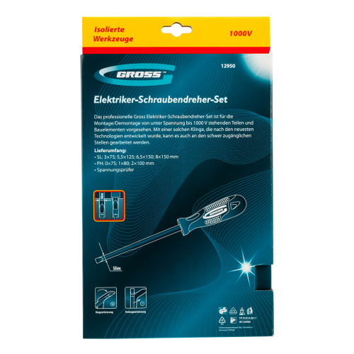 Набор отверток диэлектрических до 1000 В, 8 шт, тестер, CrMo, двухкомпонентные рукоятки Gross по ценам производителя в Воронеже с доставкой по всей России