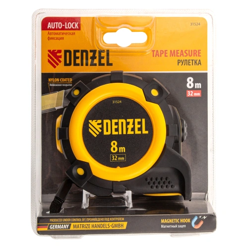 Рулетка 8м х 32мм, автоматич. фиксац., нейлон. покрытие, магнит. зацеп, двухстор. разметка Denzel по ценам производителя в Воронеже с доставкой по всей России