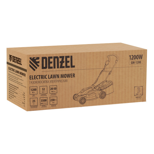Газонокосилка электрическая GM-1200, 1200 Вт, ширина 32 см, 3 уровня, травосборник 25 л. Denzel по ценам производителя в Воронеже с доставкой по всей России
